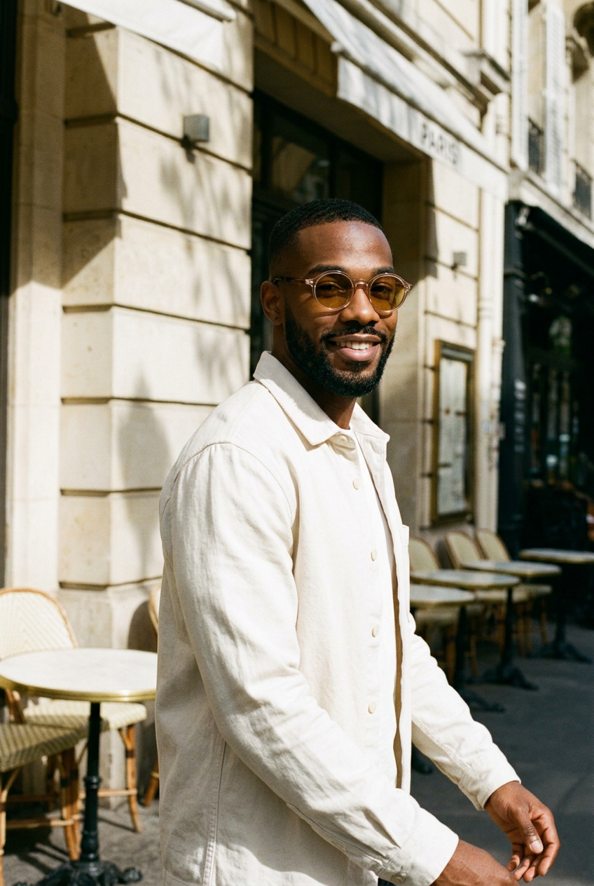 Man wearing lavunett Bardot sunglasses on a sunlit street