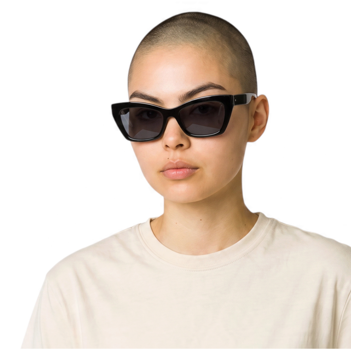 Woman wearing clean, polished Lavunett cat-eye sunglasses
