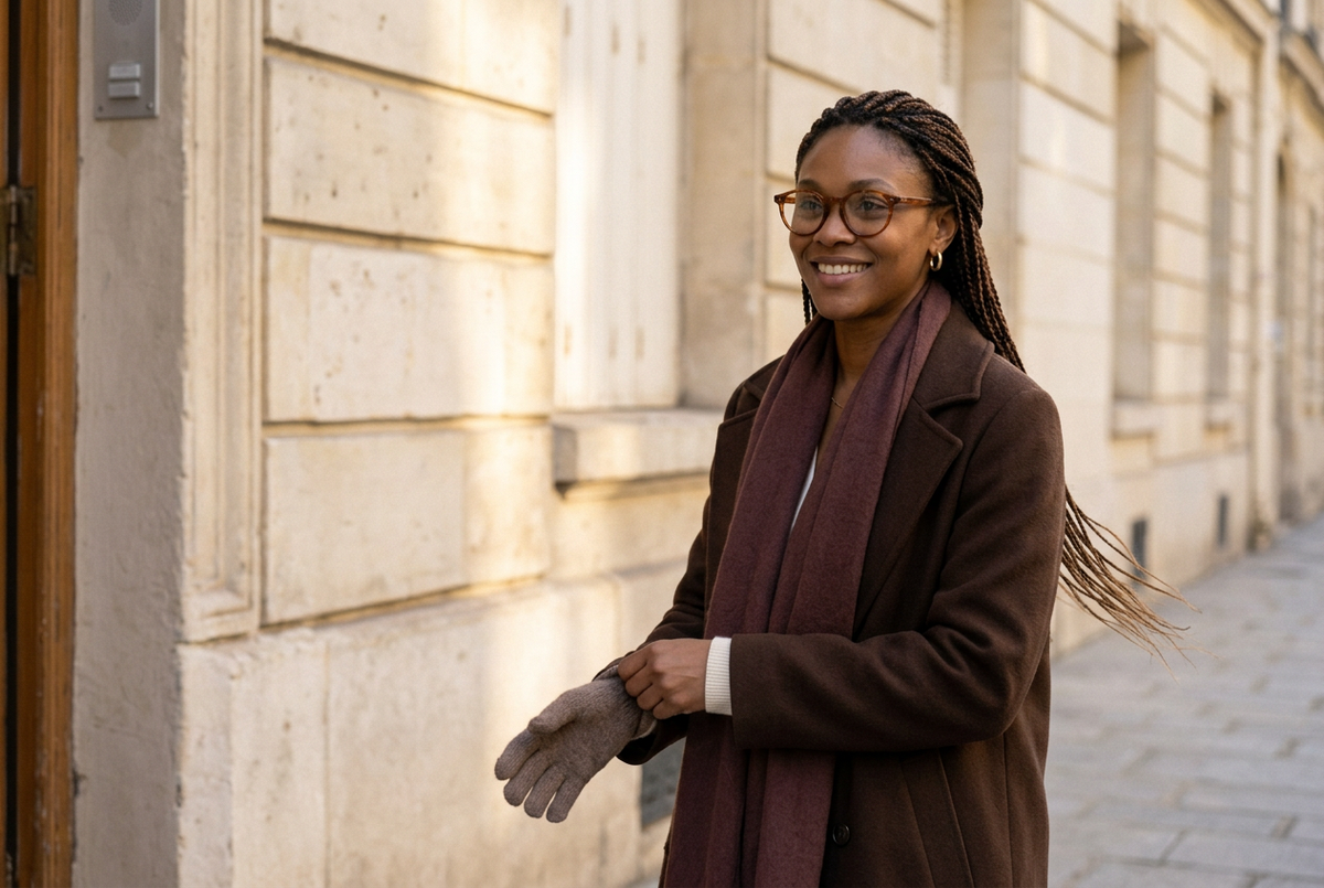 Woman wearing lavunett Layla blue light glasses on a Paris street in autumn