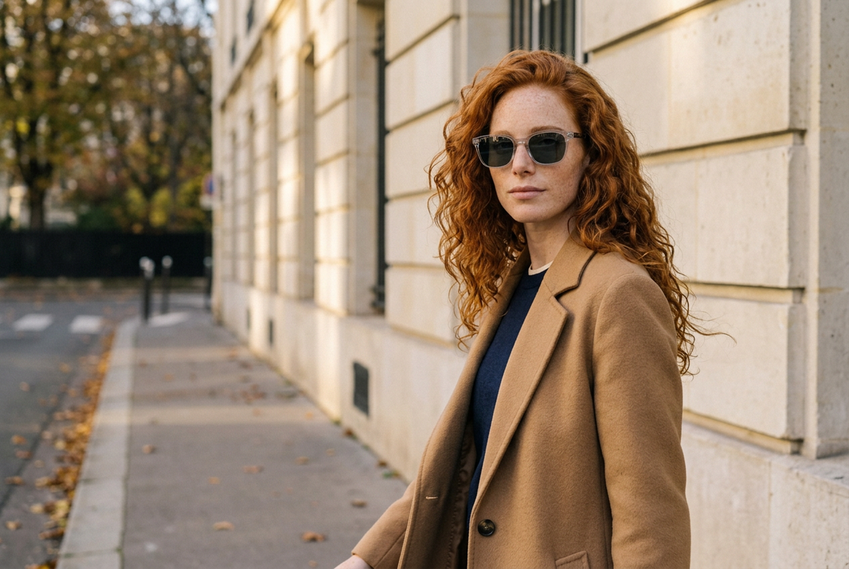 Woman wearing lavunett Bartholdi crystal sunglasses on an autumn Paris street