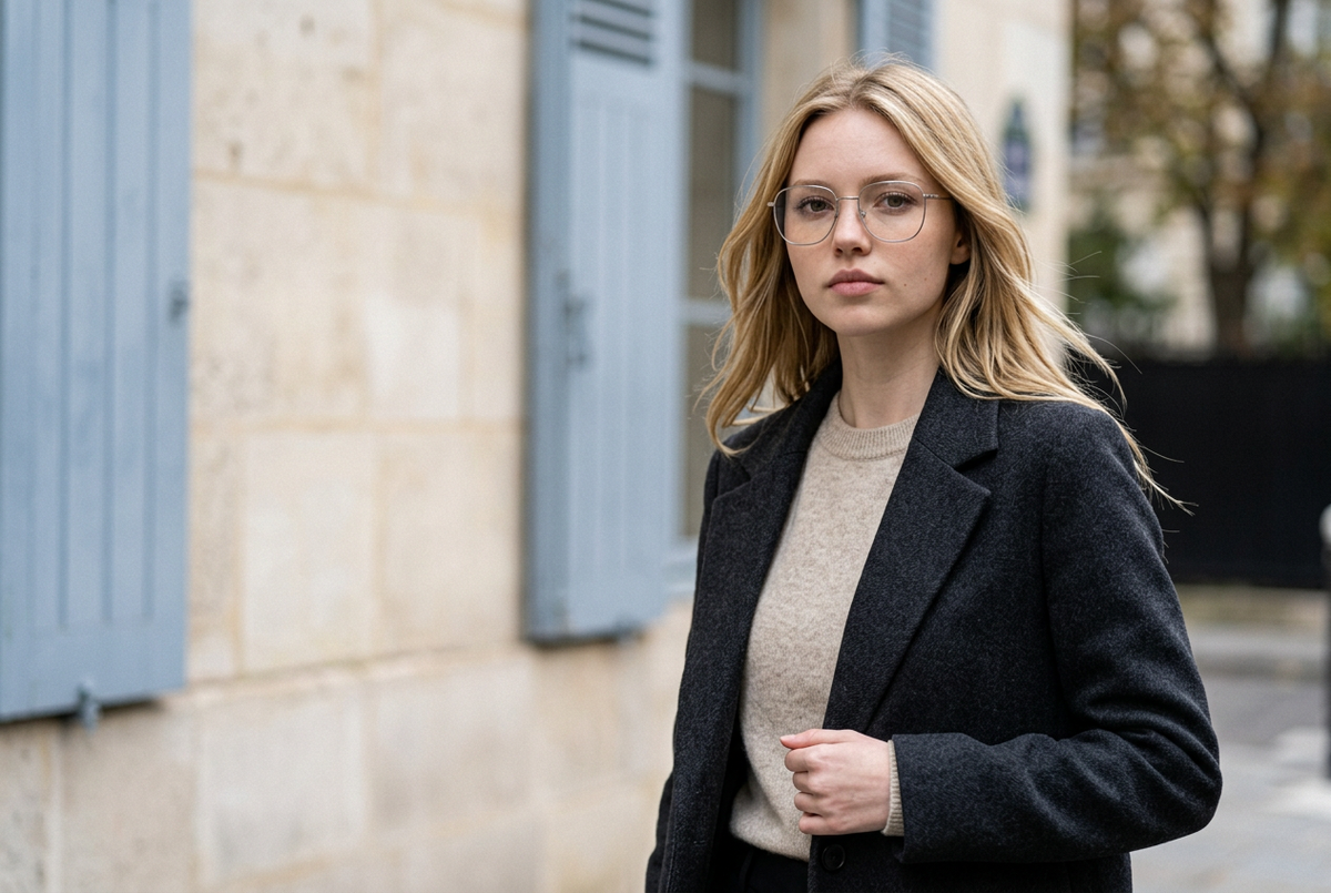 Woman wearing lavunett Pacho glasses on an autumn Paris street