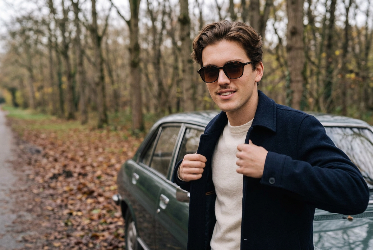Man wearing lavunett Spitfire tortoiseshell sunglasses by a vintage car on an autumn road