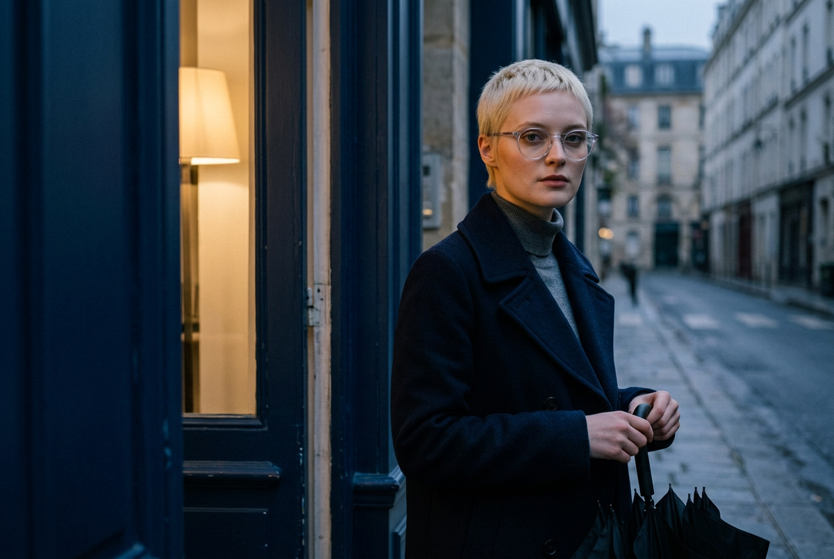 Woman wearing lavunett Pearl blue light glasses on a Paris street at blue hour