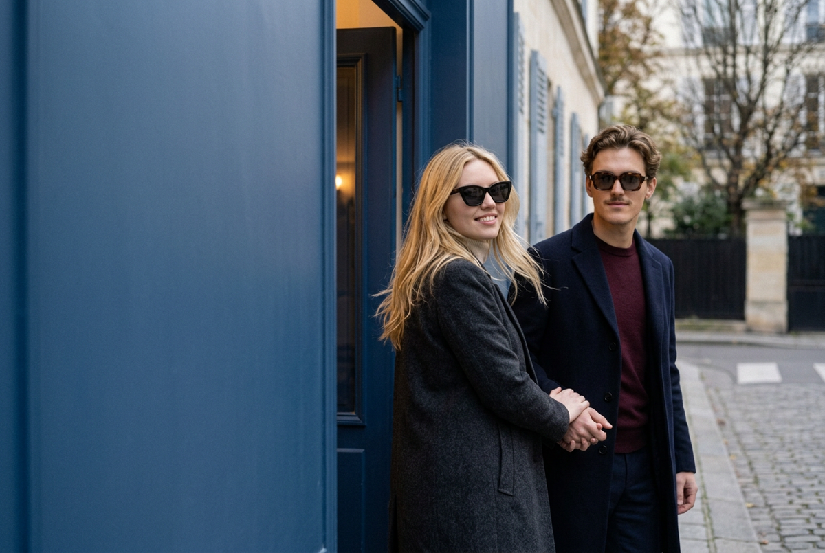 Couple wearing lavunett Céline and Edith Gold sunglasses by a blue Paris doorway
