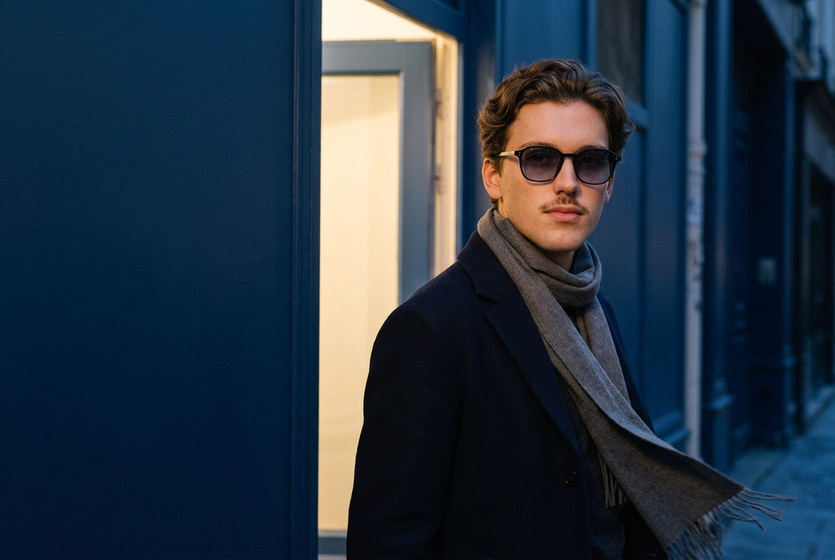 Man wearing lavunett Quincy sunglasses in a Paris doorway at blue hour