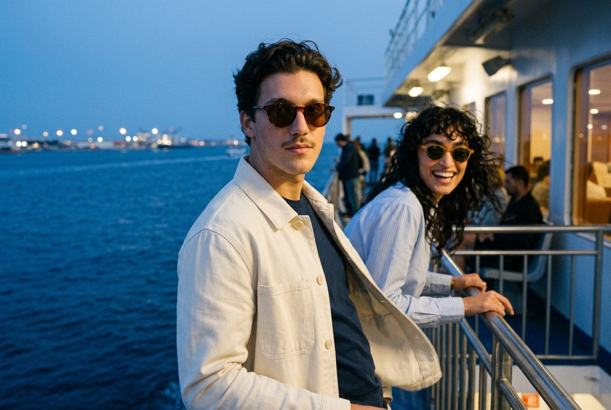 Man and woman wearing lavunett Brownie and Yionas sunglasses on a ferry at blue hour