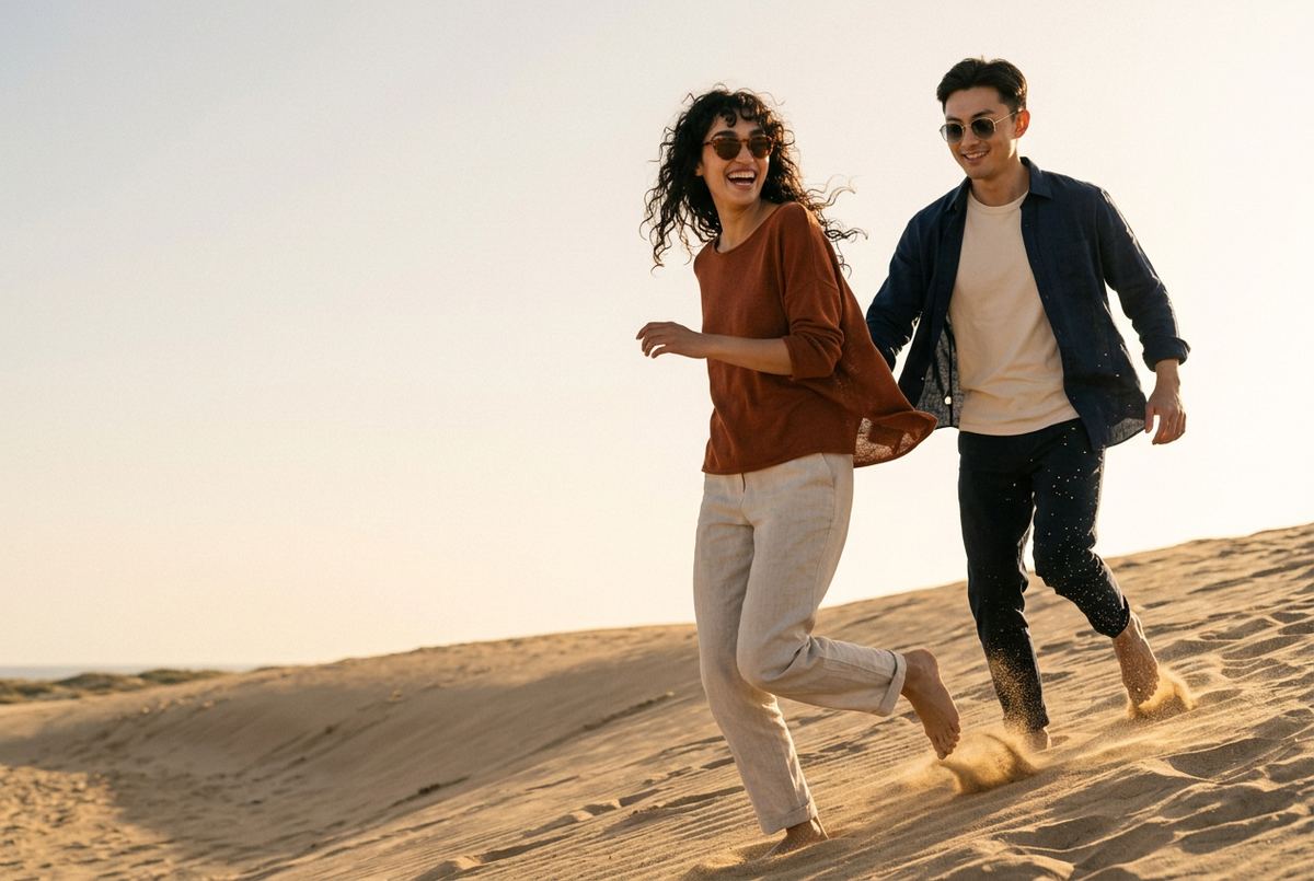 Couple wearing lavunett Hexa Gold and Caramel sunglasses running down a sand dune at golden hour