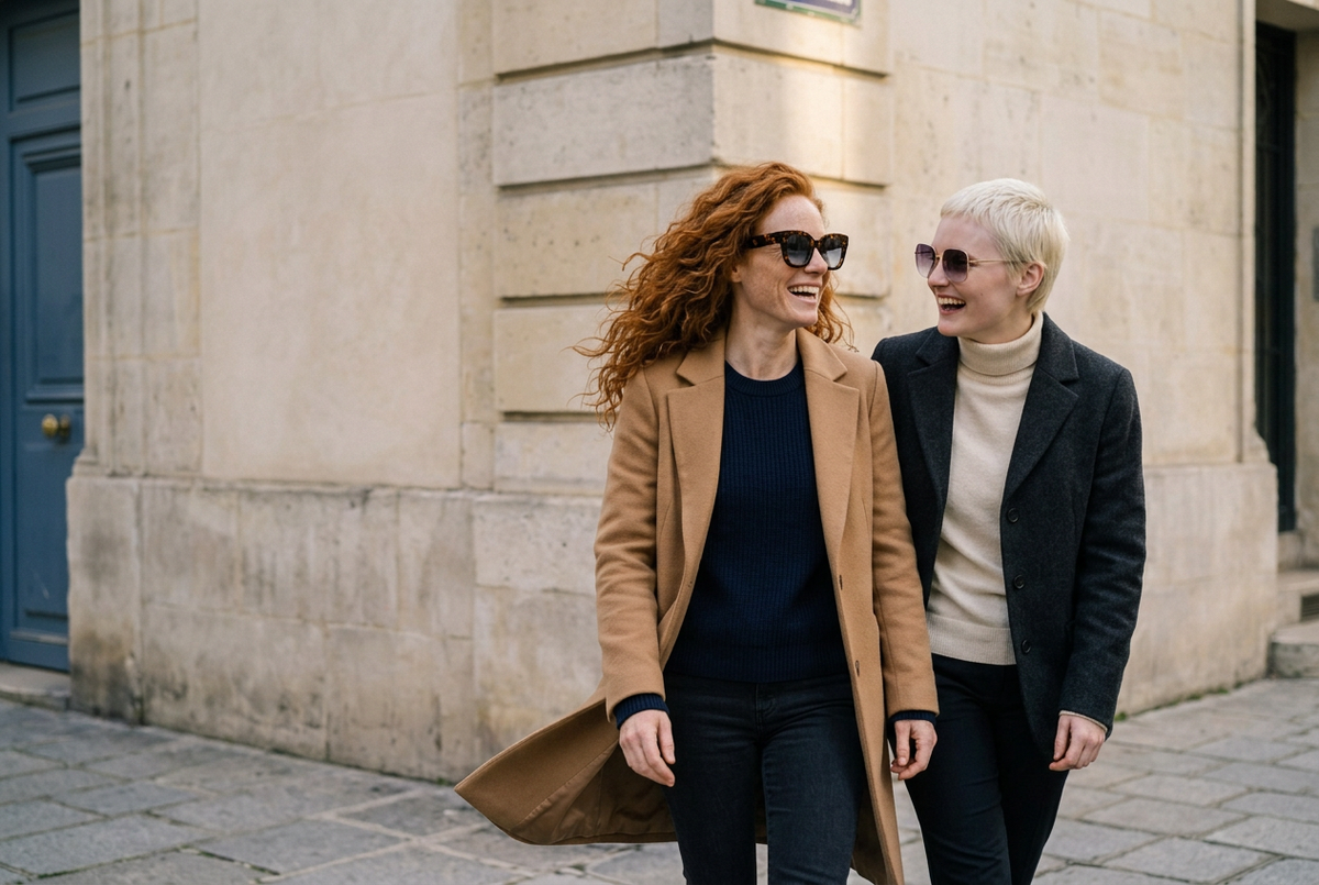 Two women wearing lavunett Birkin and Vanessa sunglasses on a Paris street in winter light