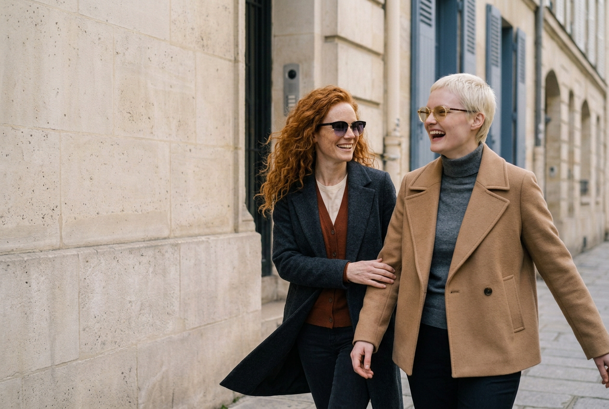 Two women wearing lavunett Efnan and Bardot sunglasses walking down a sunny Paris street