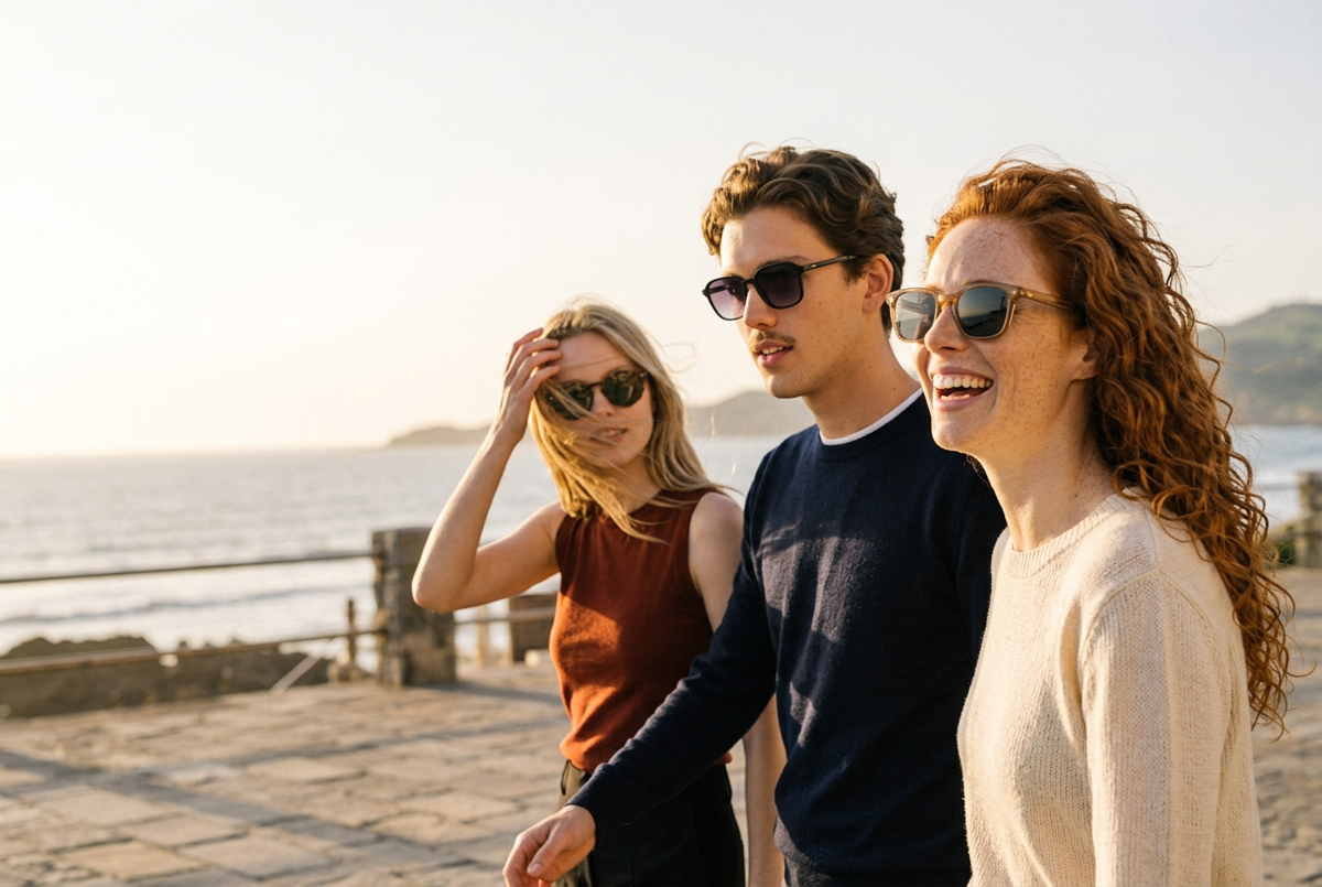 Three friends wearing lavunett sunglasses on a seaside promenade at golden hour