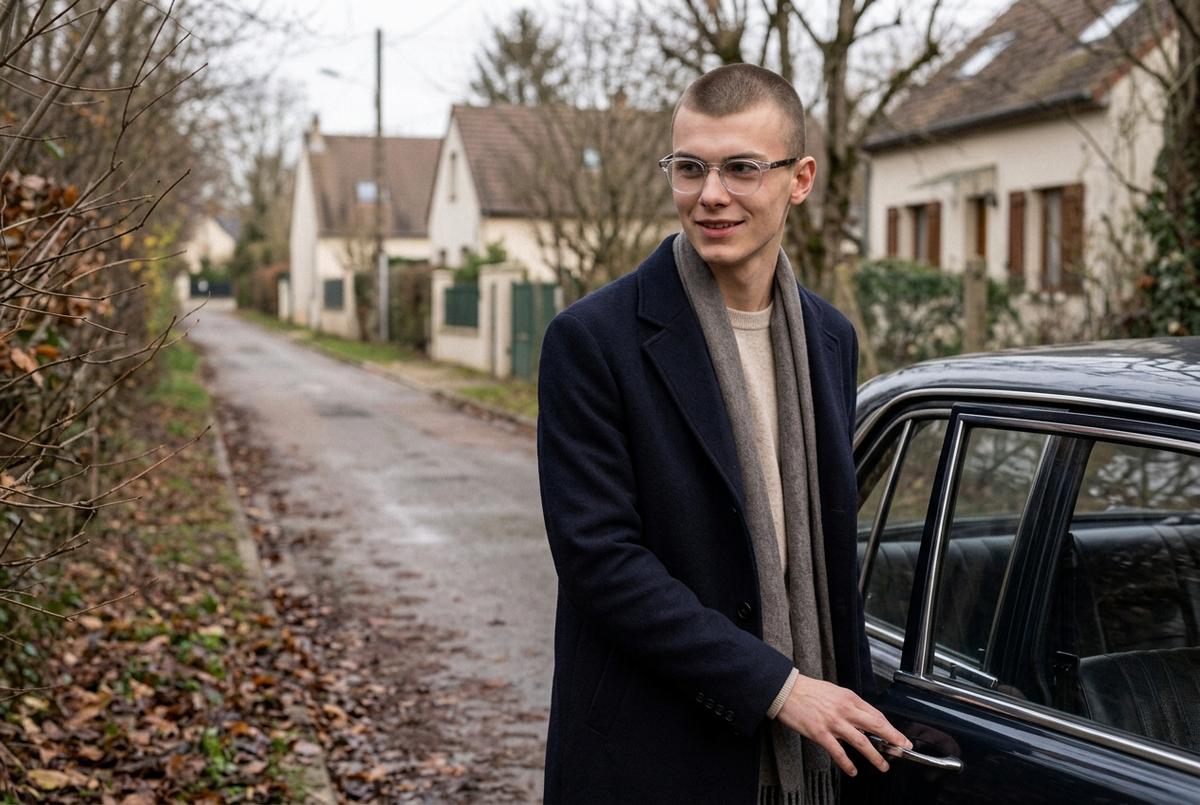 Man wearing lavunett Roosevelt glasses by a car on a quiet village street in autumn