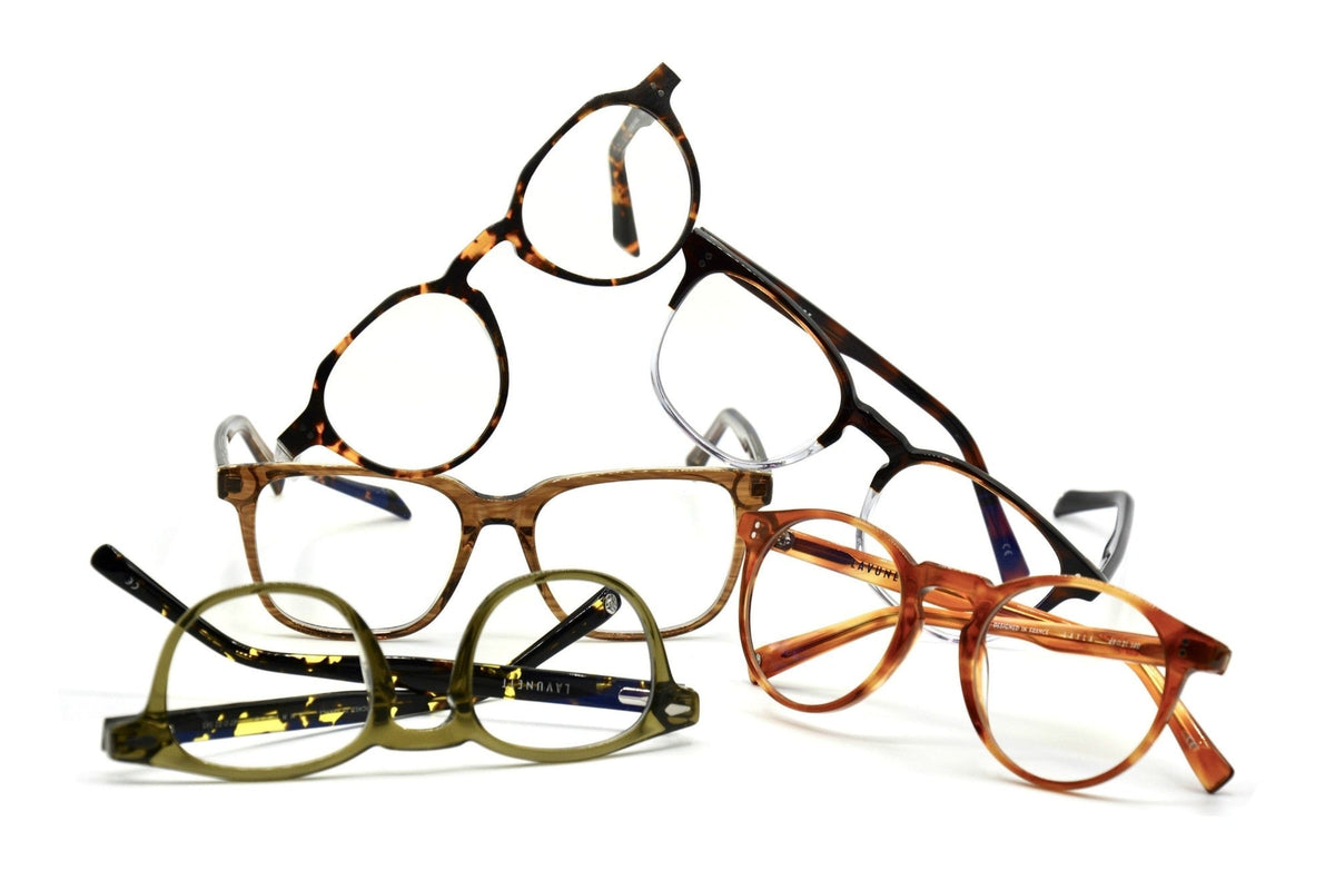 A stack of Lavunett blue light glasses frames