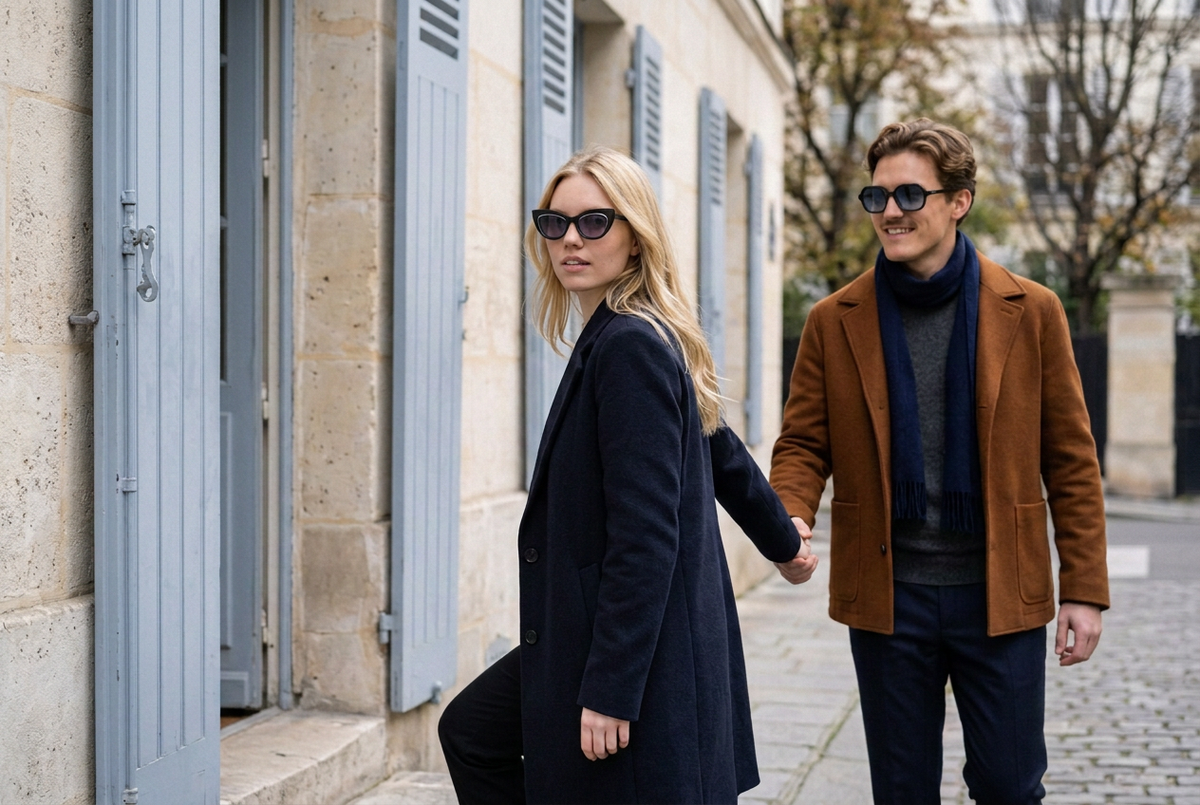 Couple wearing lavunett Carla and Dalida sunglasses on a Paris street in autumn