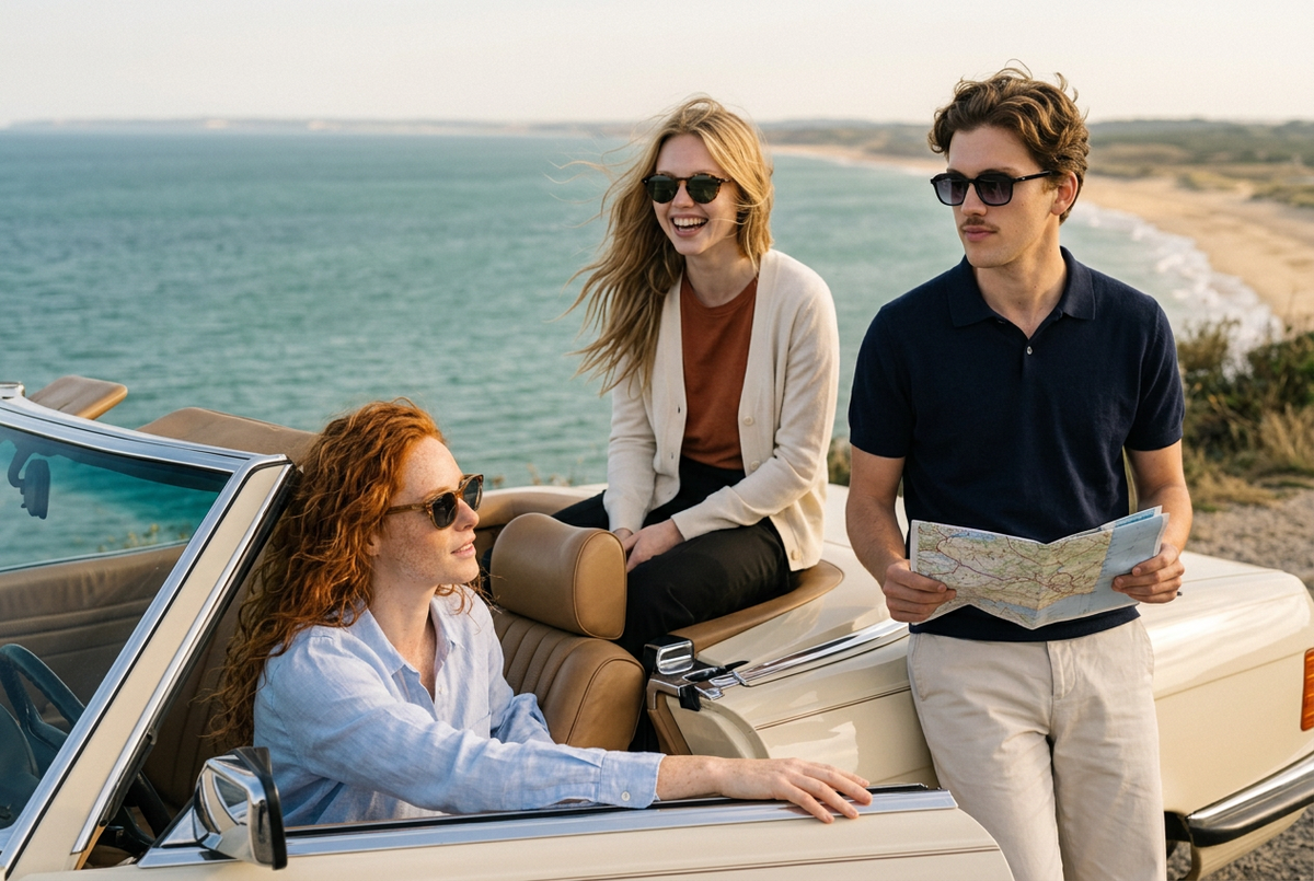 Three friends wearing lavunett Denis, Sophie and Shelby sunglasses by a vintage convertible on the coast