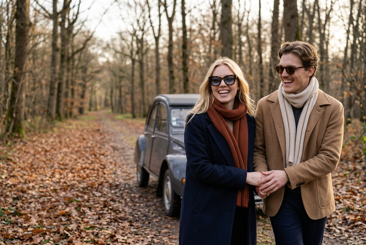 Couple wearing lavunett Birkin and Spitfire sunglasses in an autumn forest by a vintage car