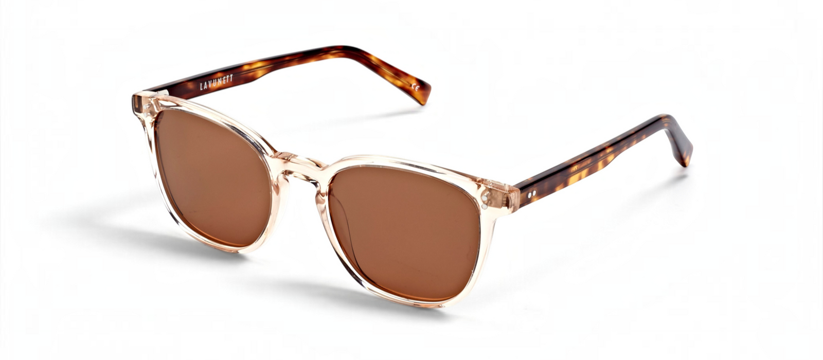 lavunett Langelik square sunglasses in clear crystal acetate with polarised lenses, view 2