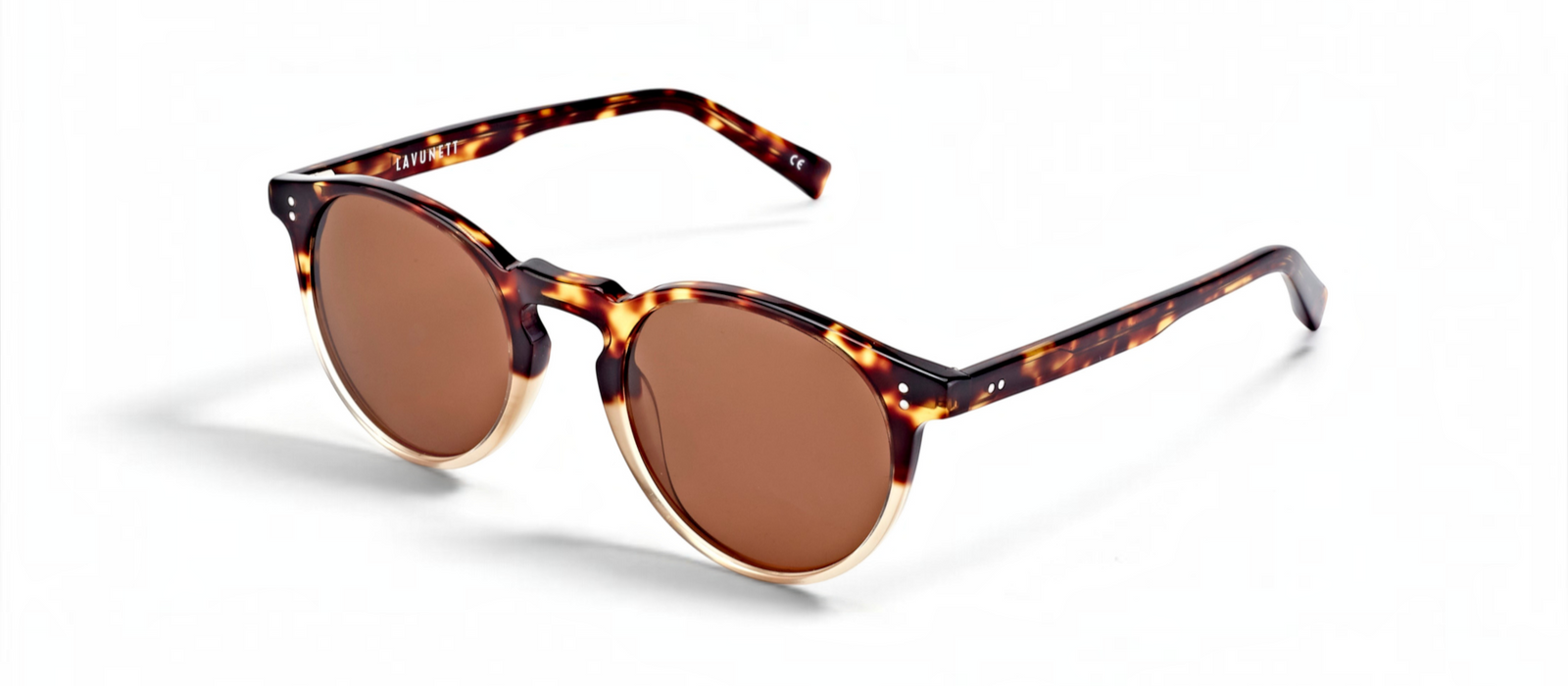 lavunett Caramel round sunglasses in tortoiseshell acetate and metal with polarised lenses, view 2