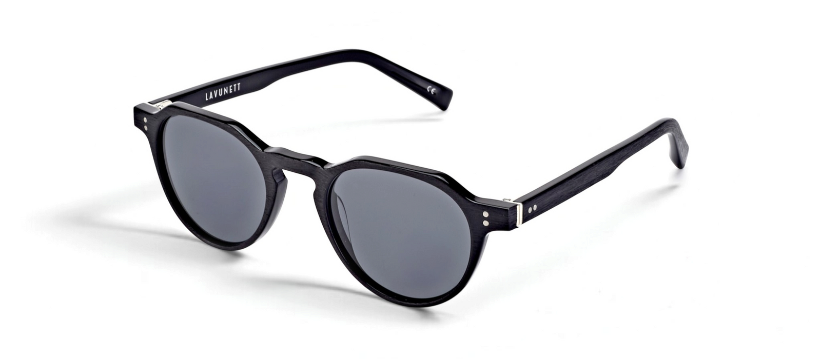 lavunett Malcolm round sunglasses in black acetate with polarised lenses, view 2