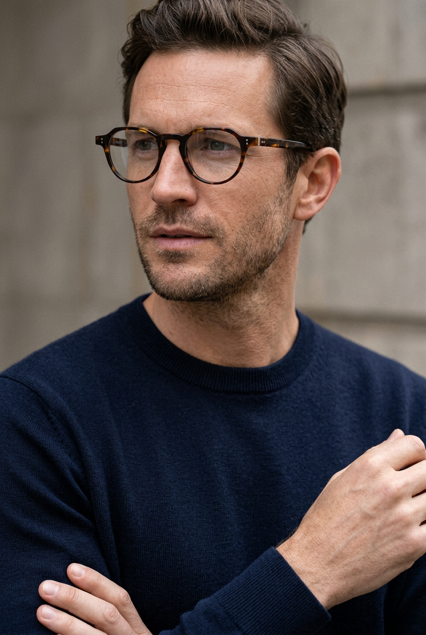 Man wearing lavunett Adonis blue light glasses
