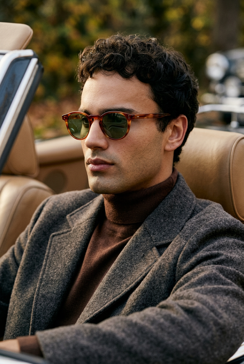 Man wearing lavunett Amico sunglasses in a vintage convertible