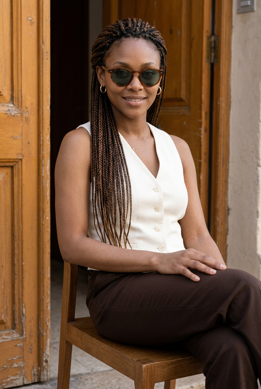 Woman wearing lavunett Amico sunglasses in a doorway