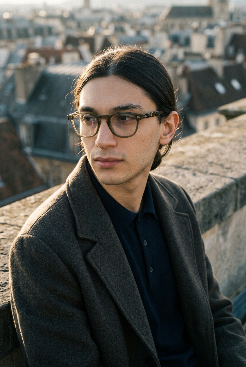 Man wearing lavunett Amnesia blue light glasses on a Paris rooftop