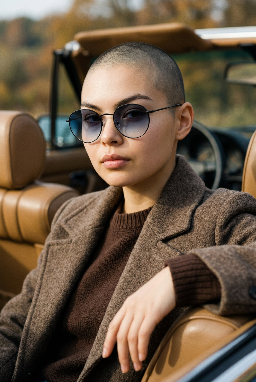 Woman wearing lavunett Benji Black sunglasses in a vintage convertible