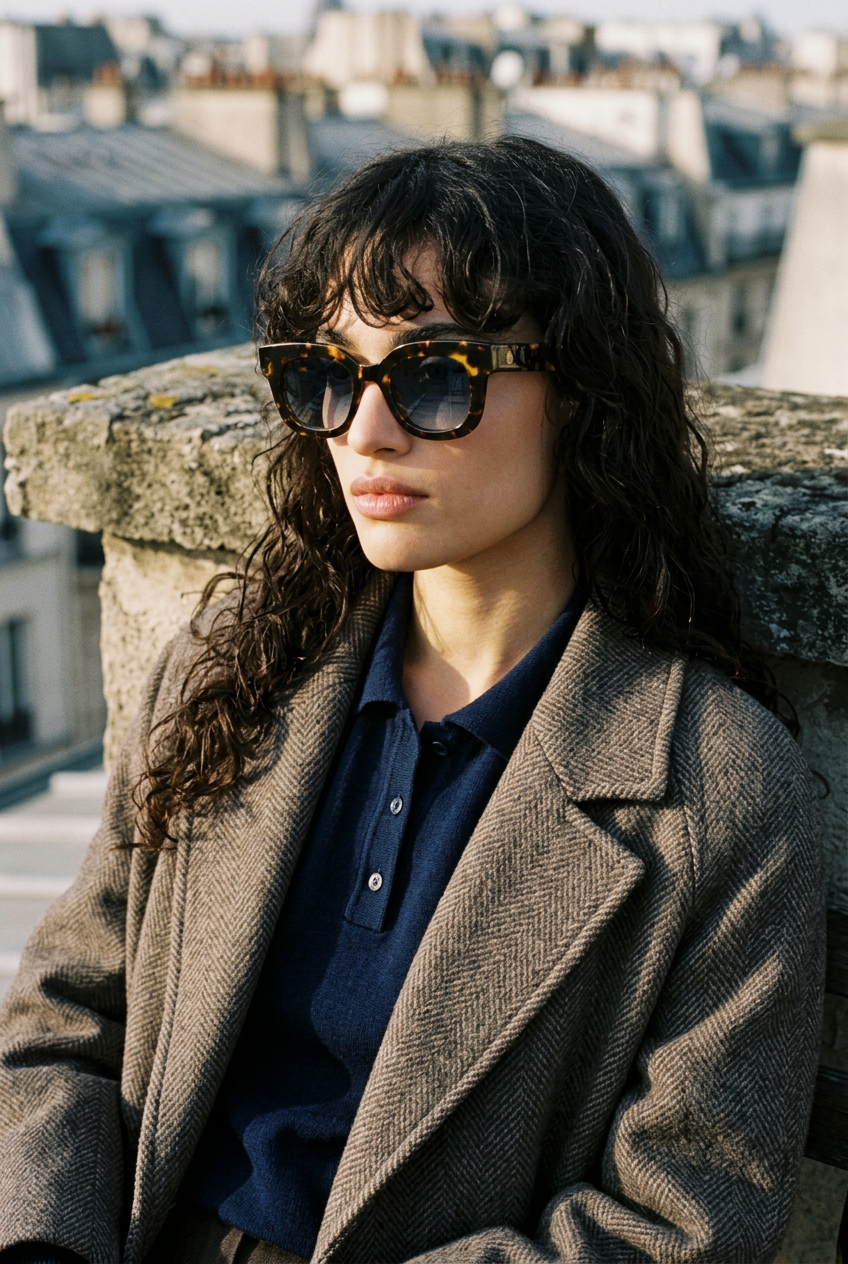 Woman wearing lavunett Birkin sunglasses on a Paris street