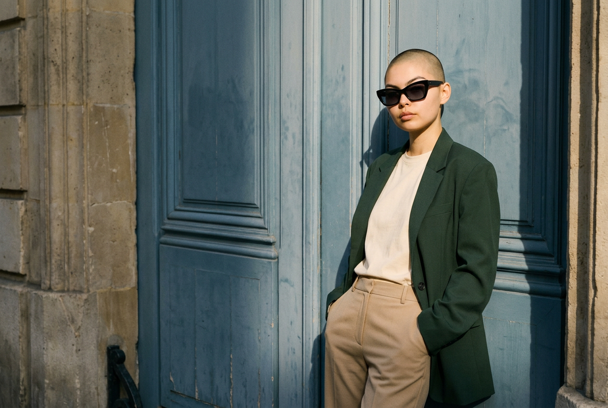 Woman wearing lavunett Céline sunglasses by a blue Paris door