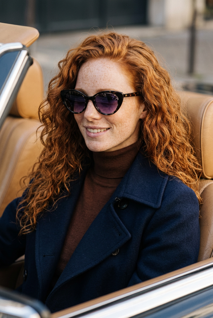 Woman wearing lavunett Carla sunglasses in a vintage convertible