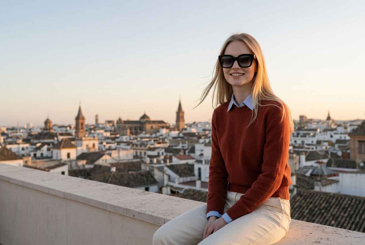 Woman wearing lavunett Edith sunglasses on a rooftop terrace at sunset