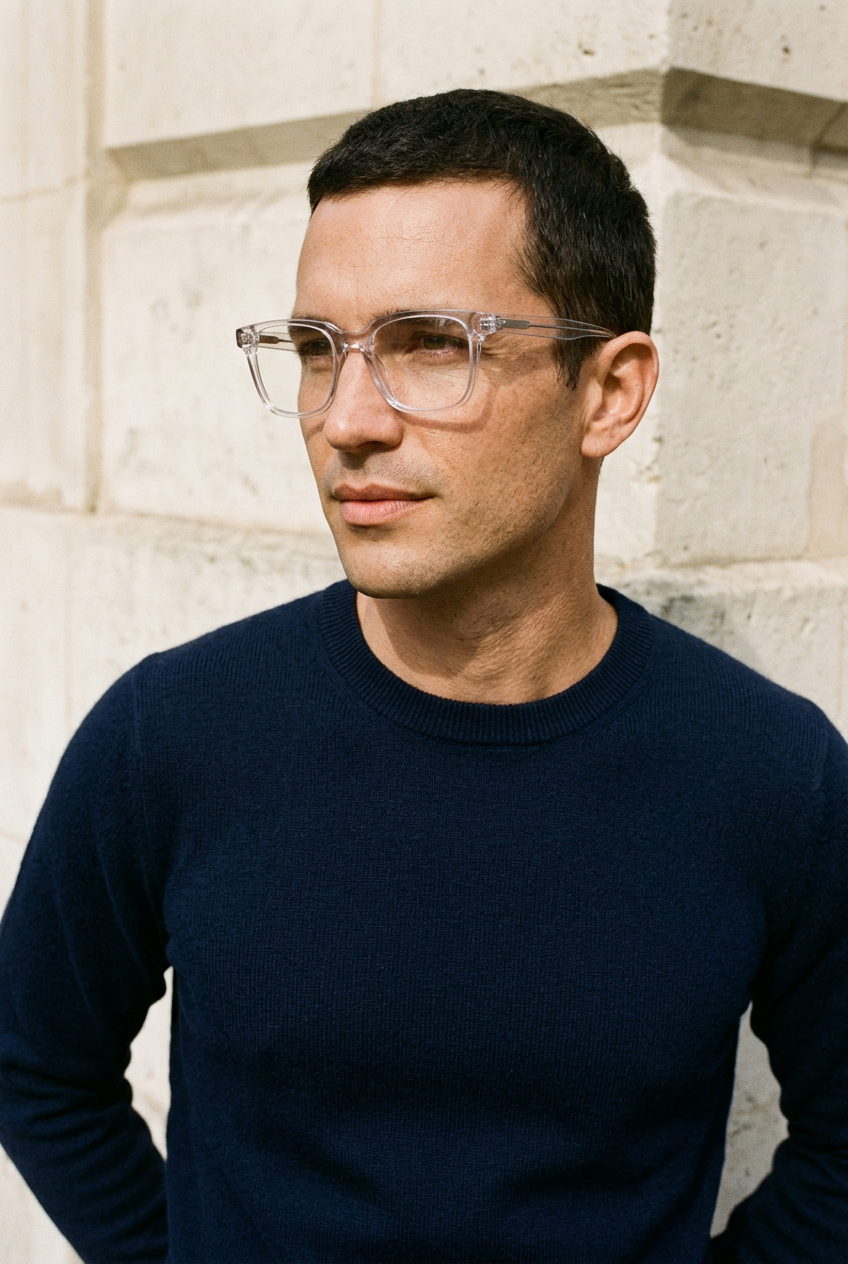 Man wearing lavunett Hoover blue light glasses