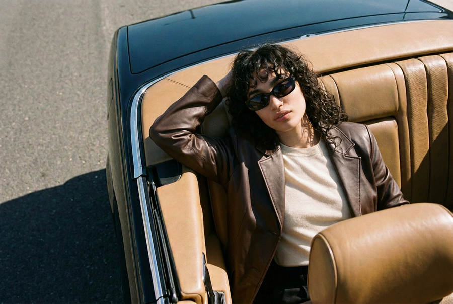 Jackie car banner with chocolate leather jacket and cream knit