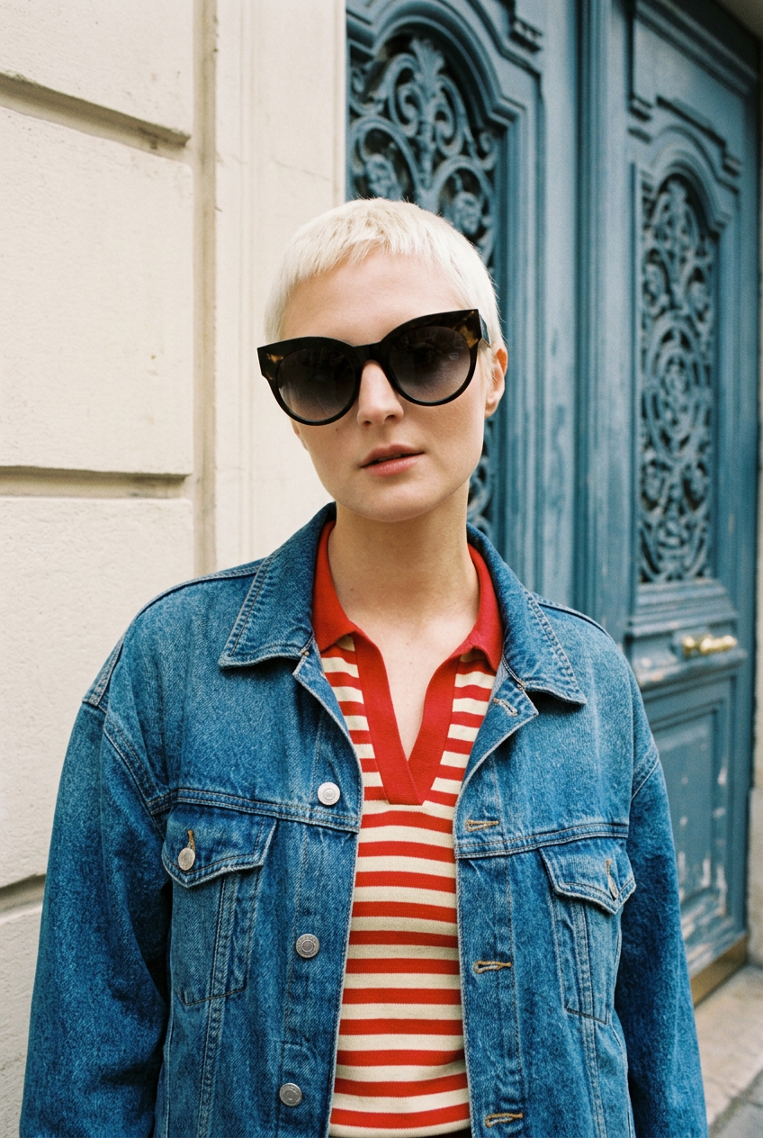 Woman wearing lavunett Kim sunglasses by a blue Paris door