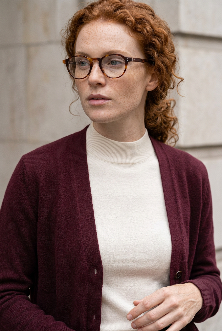Woman wearing lavunett Adonis blue light glasses against a Paris stone wall