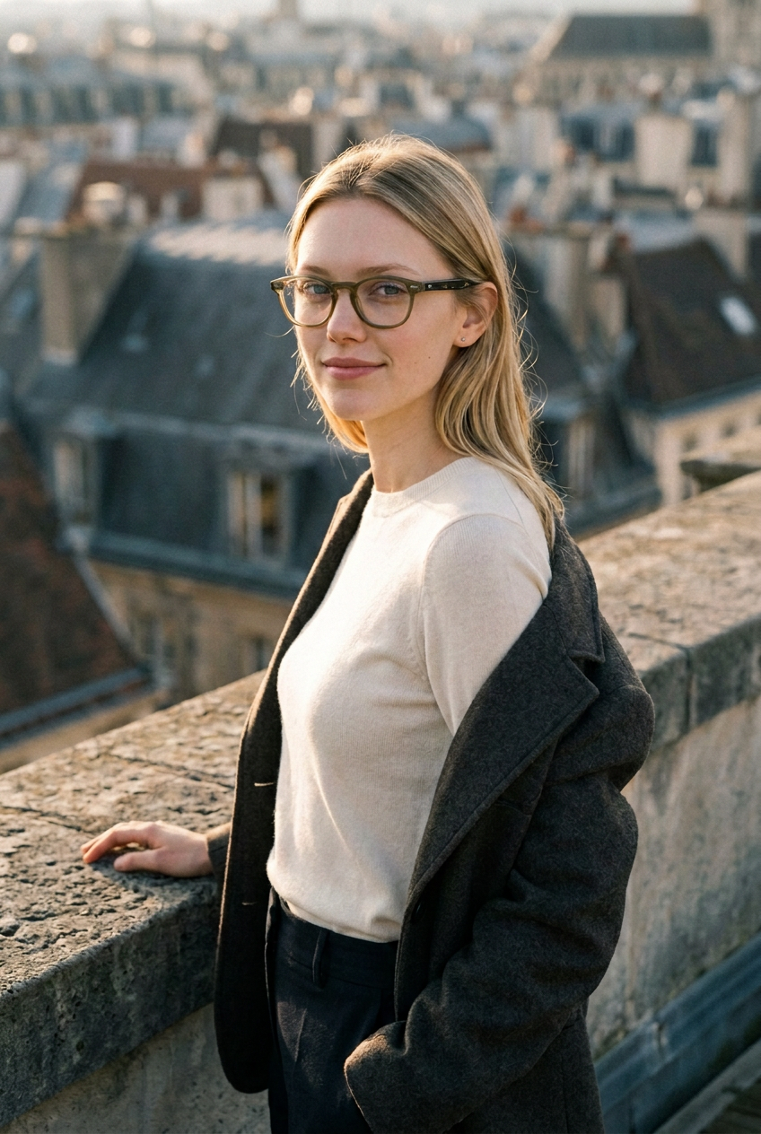 Woman wearing lavunett Amnesia blue light glasses