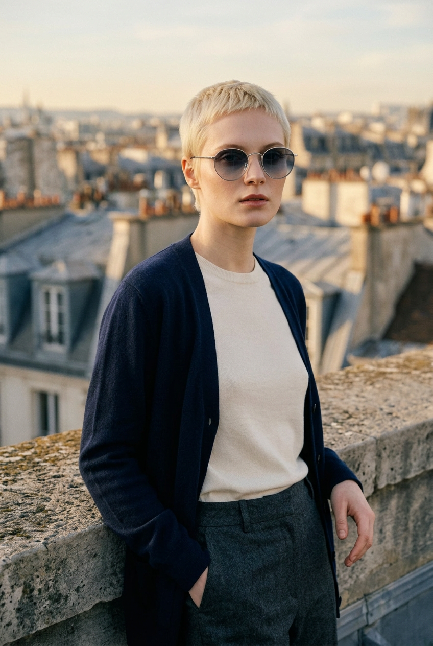 Woman wearing lavunett Benji sunglasses on a Paris rooftop