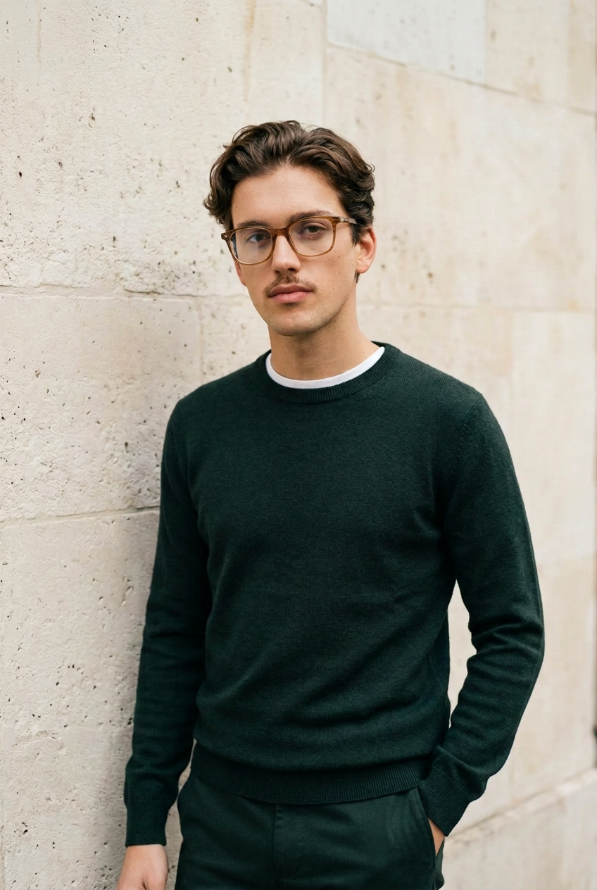 Man wearing lavunett Bueno blue light glasses against a Paris stone wall