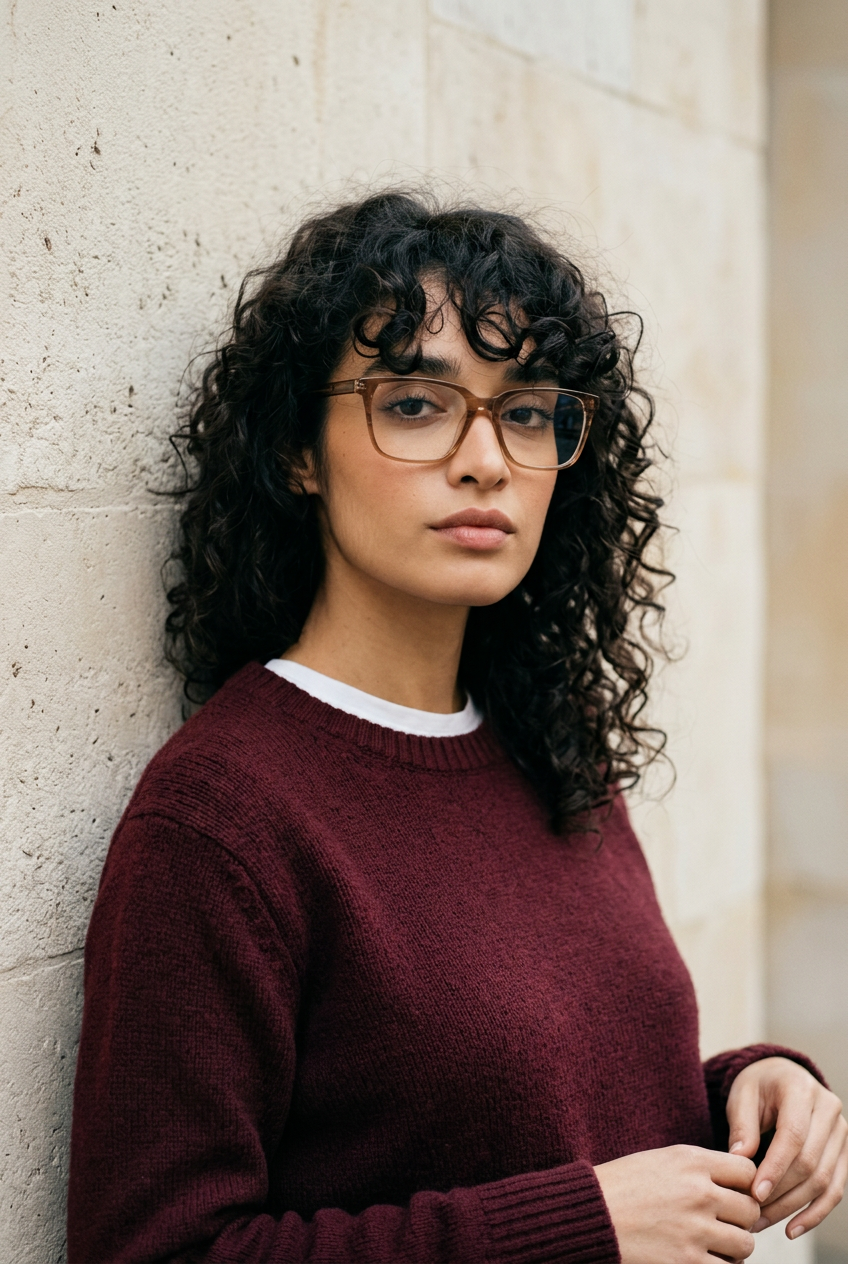Woman wearing lavunett Bueno blue light glasses against a Paris stone wall