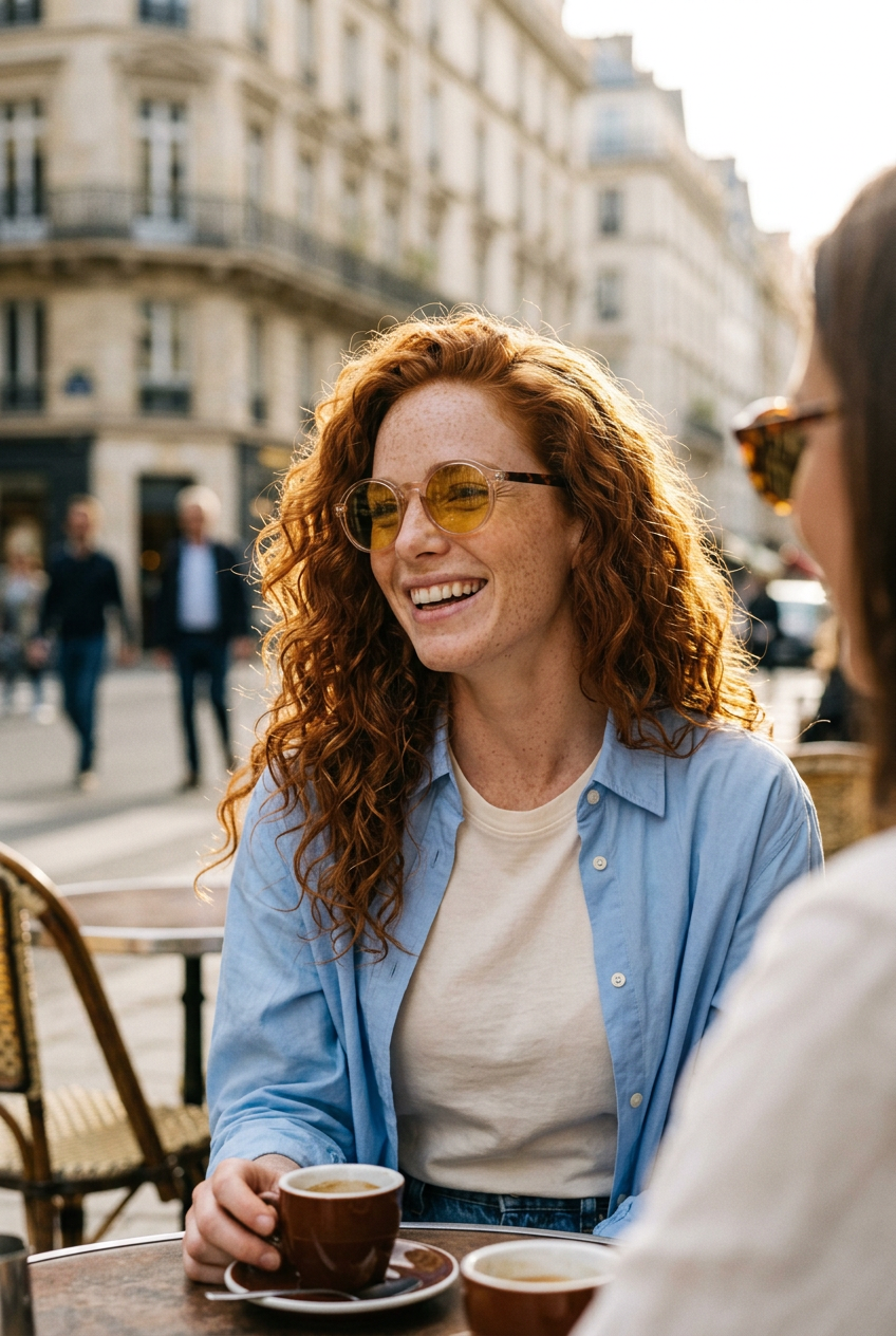 Woman wearing lavunett Bardot sunglasses at a café terrace