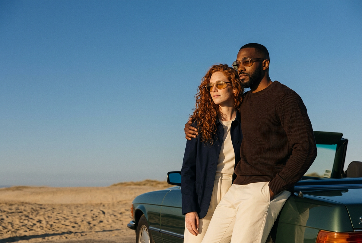 Couple wearing lavunett Bardot sunglasses by a vintage convertible on the beach