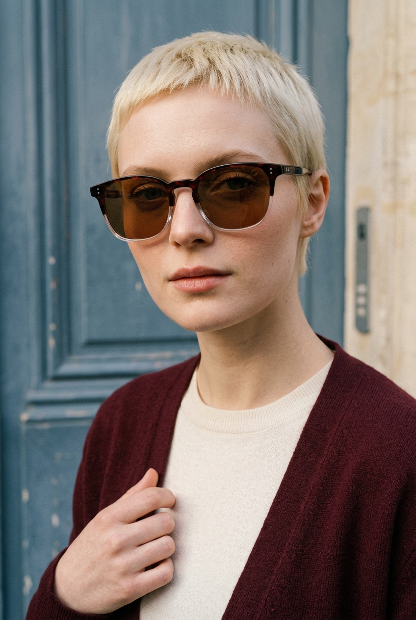 Woman wearing lavunett Cray sunglasses by a blue Paris door