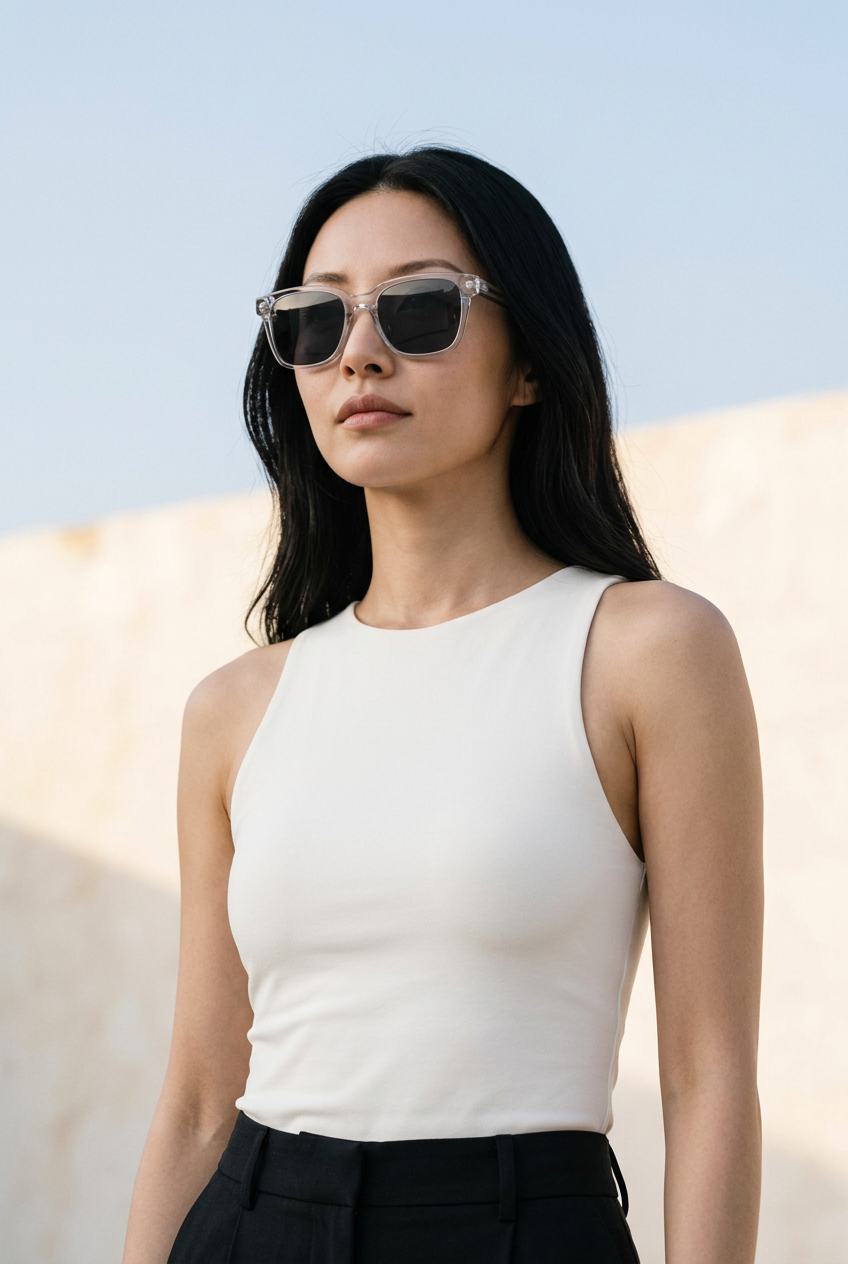 Woman wearing lavunett Crysallis sunglasses outdoors