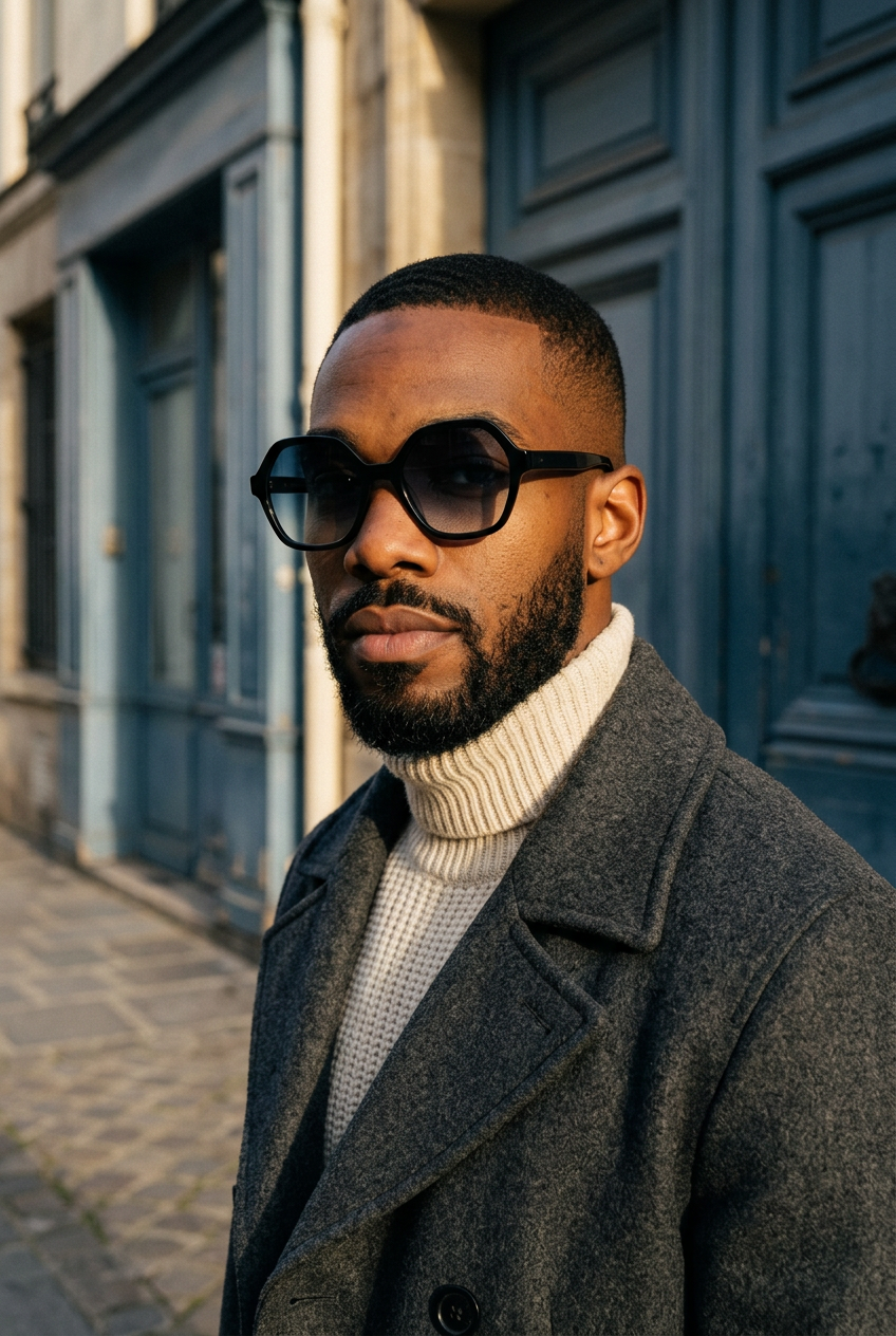 Man wearing lavunett Dalida sunglasses by a blue Paris door