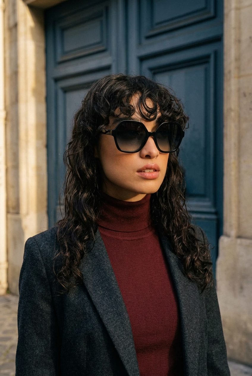 Woman wearing lavunett Dalida sunglasses by a blue Paris door