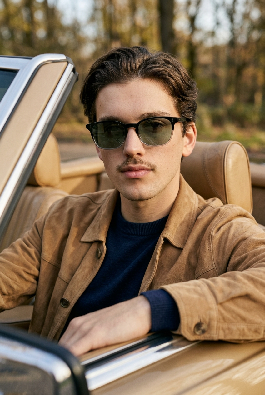 Man wearing lavunett Degria sunglasses in a vintage convertible
