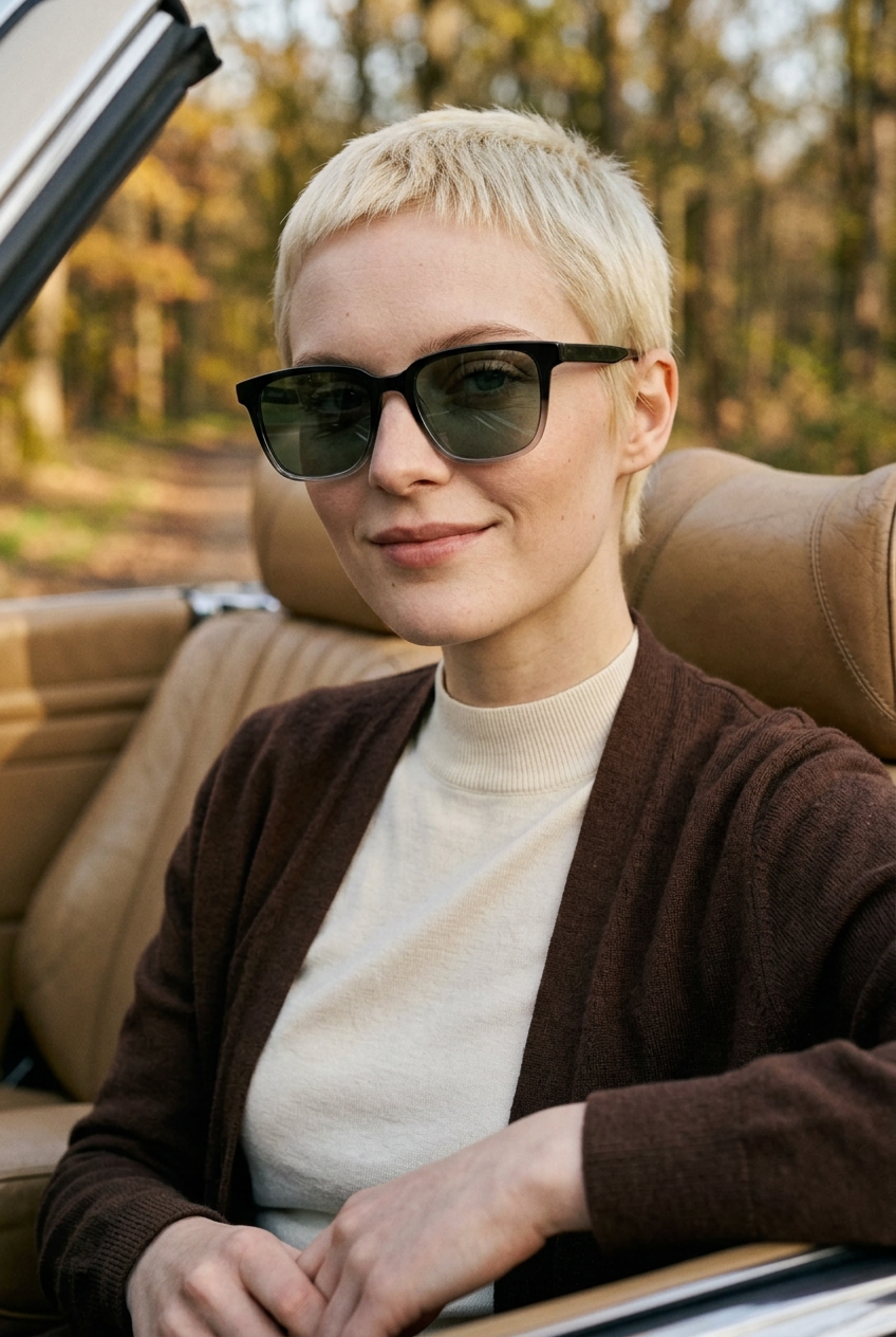 Woman wearing lavunett Degria sunglasses in a vintage convertible