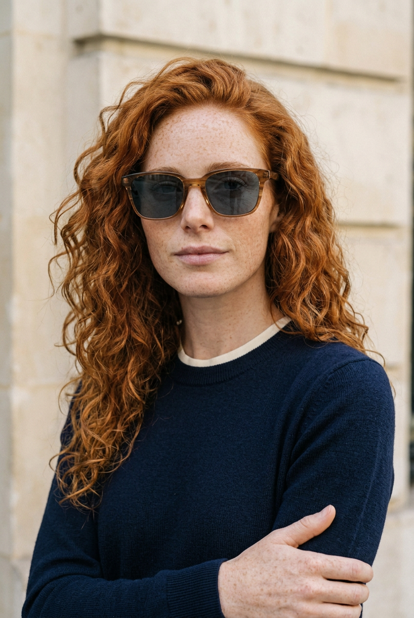 Woman wearing lavunett Denis sunglasses against a Paris stone wall