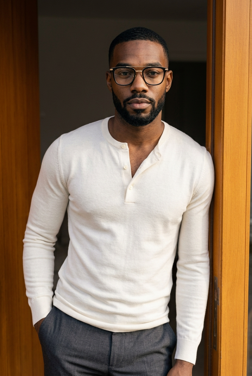 Man wearing lavunett Djam glasses in a wooden doorway