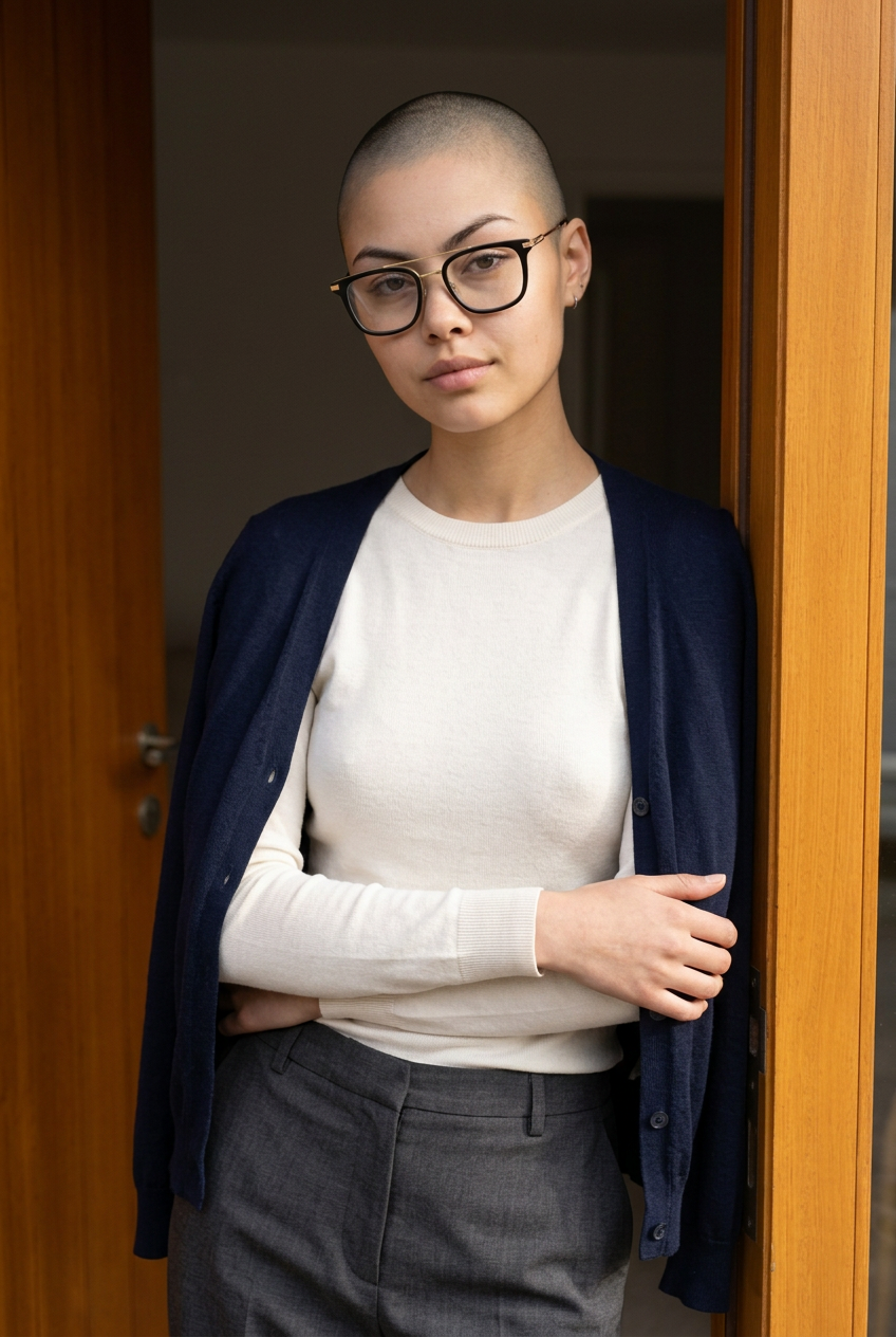 Woman wearing lavunett Djam glasses in a wooden doorway